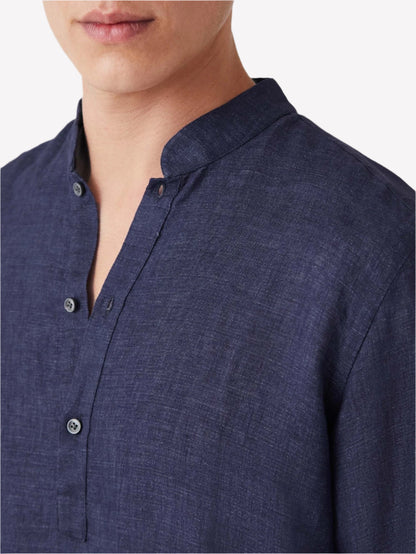 Navy Blue Linen Popover Shirt – Grandad Collar