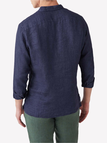 Navy Blue Linen Popover Shirt – Grandad Collar