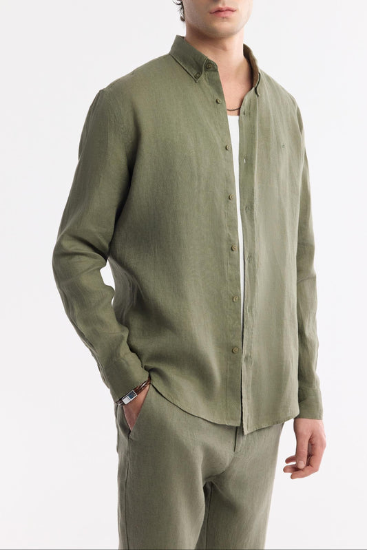Olive Linen Summer Shirt – 100% Egyptian Linen