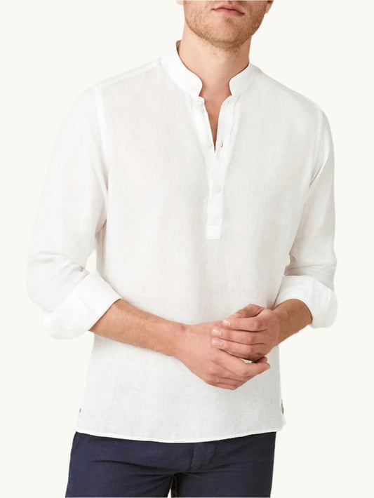 White Linen Popover Shirt – Grandad Collar