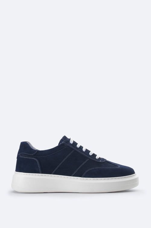 Navy Suede Leather Lace-Up Sneakers - Flexible Sole