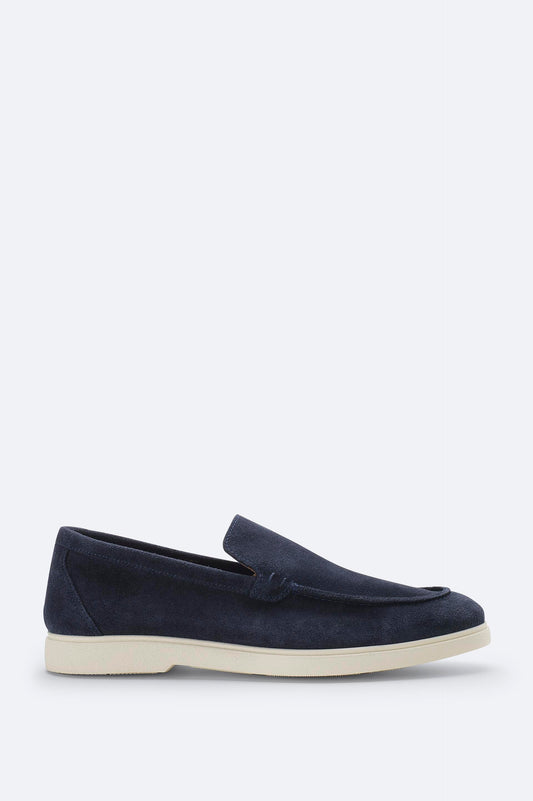 Front side view of Swiftyle men's navy suede loafers