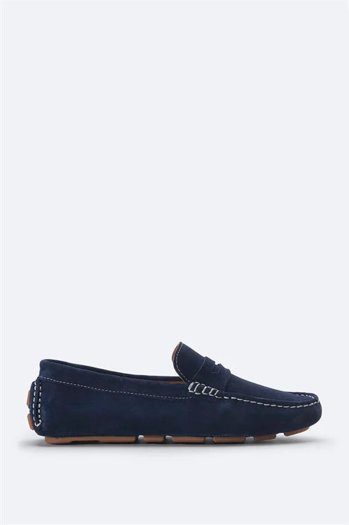 Navy Blue Suede Penny Driver Loafers