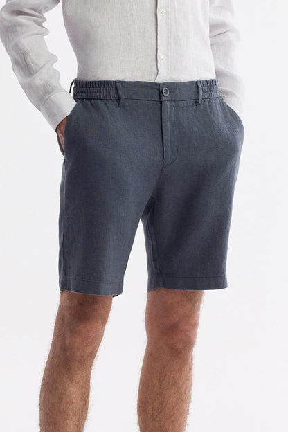 Close-up detail of the fabric texture of anthracite linen shorts