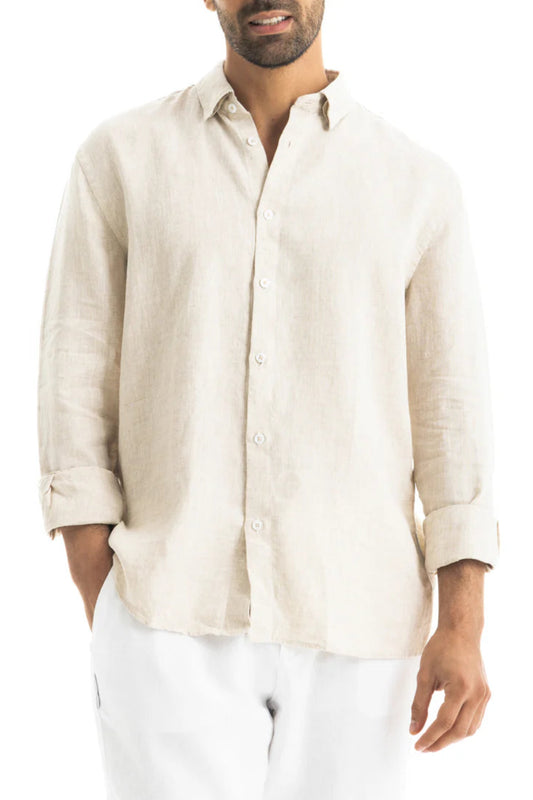 Men's Beige Linen Shirt, Soft Breathable Fabric, Relaxed Fit for Summer Style 1