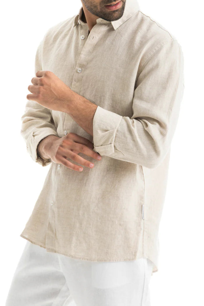 Men's Beige Linen Shirt, Soft Breathable Fabric, Relaxed Fit for Summer Style 4