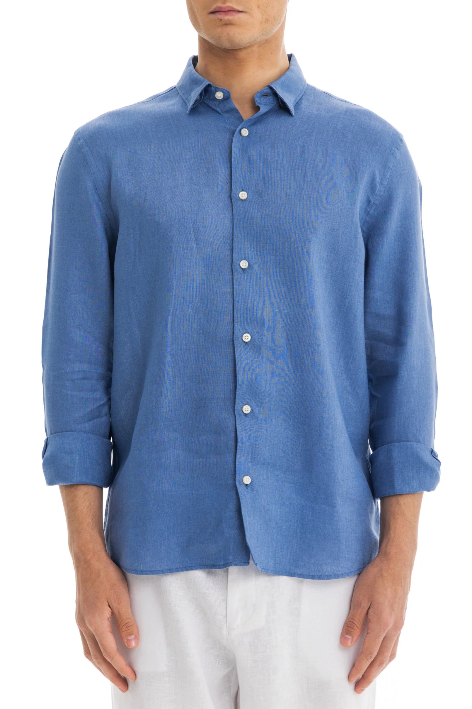 Men's Blue Linen Shirt with Hidden Collar – Relaxed Fit, Premium Breathable Fabric for Comfort and Style 1