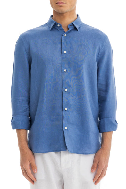 Men's Blue Linen Shirt with Hidden Collar – Relaxed Fit, Premium Breathable Fabric for Comfort and Style 1