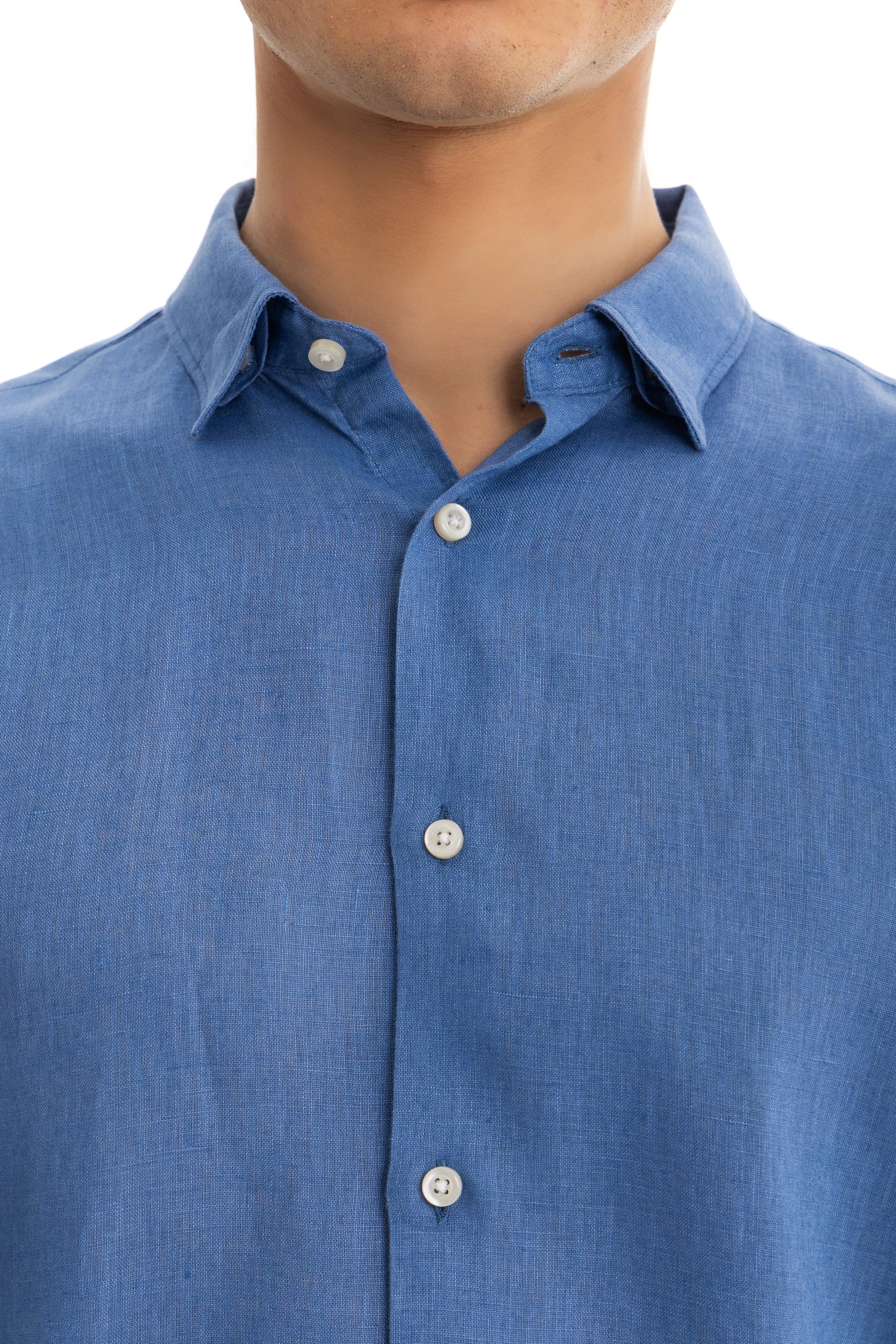 Men's Blue Linen Shirt with Hidden Collar – Relaxed Fit, Premium Breathable Fabric for Comfort and Style 4