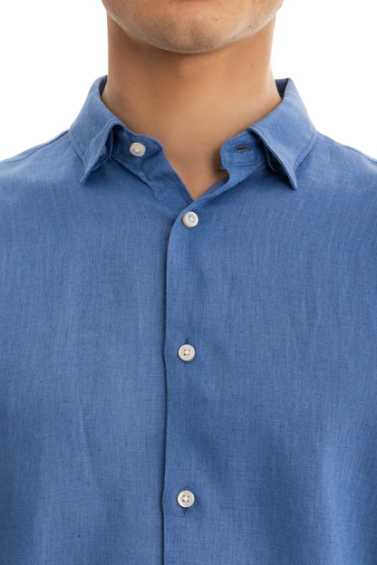 Men's Blue Linen Shirt with Hidden Collar – Relaxed Fit, Premium Breathable Fabric for Comfort and Style 4