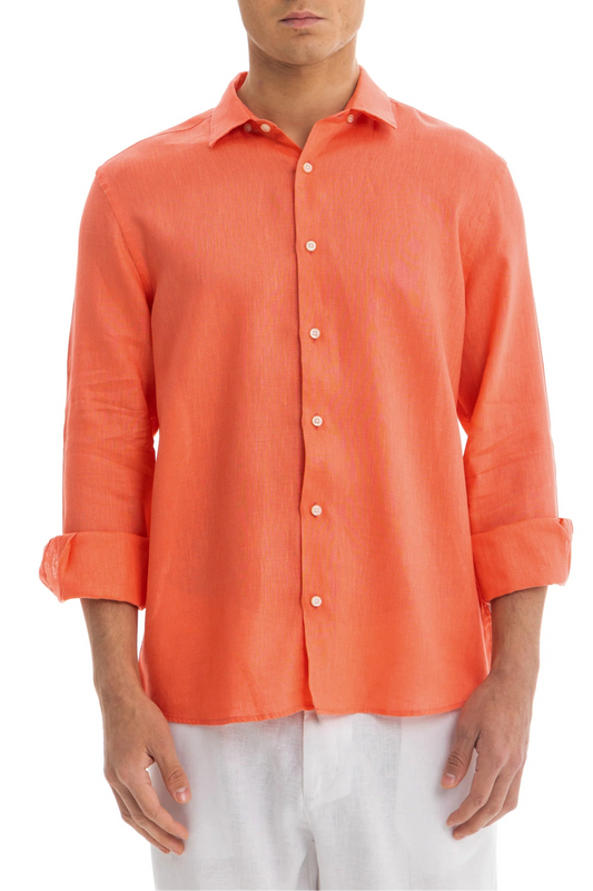 Men's Coral Linen Shirt - 100% Pure Washed Linen, Relaxed Fit, Breathable and Soft for Summer Style 1
