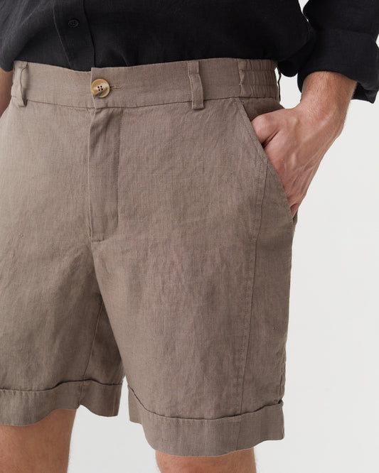 Deep Taupe Linen Shorts – Relaxed Fit with Zipper Closure