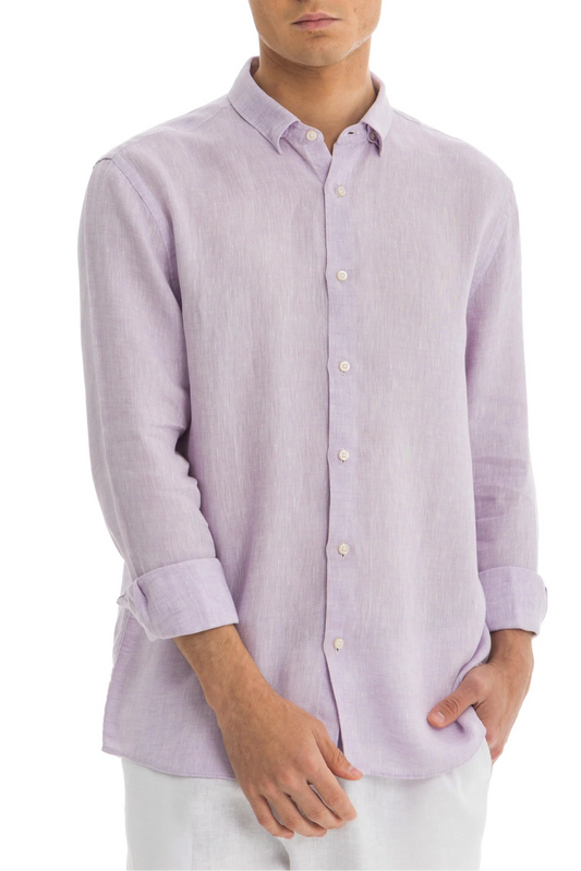 Men's Lilac Linen Shirt – 100% Pure Washed Linen, Relaxed Fit, Hidden Collar, Breathable Summer Shirt 1