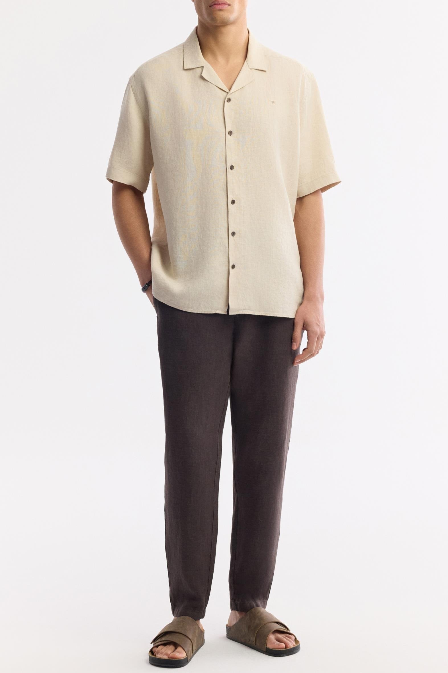 Full body shot with dark trousers and sandals – Swiftyle Men's Linen Shirt