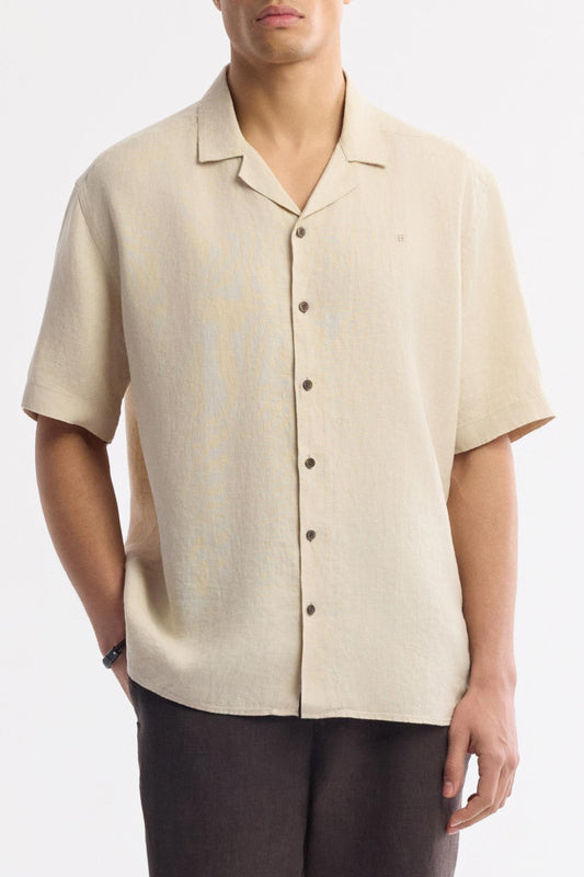 Front view of Swiftyle Men's Beige Cuban Collar Linen Shirt