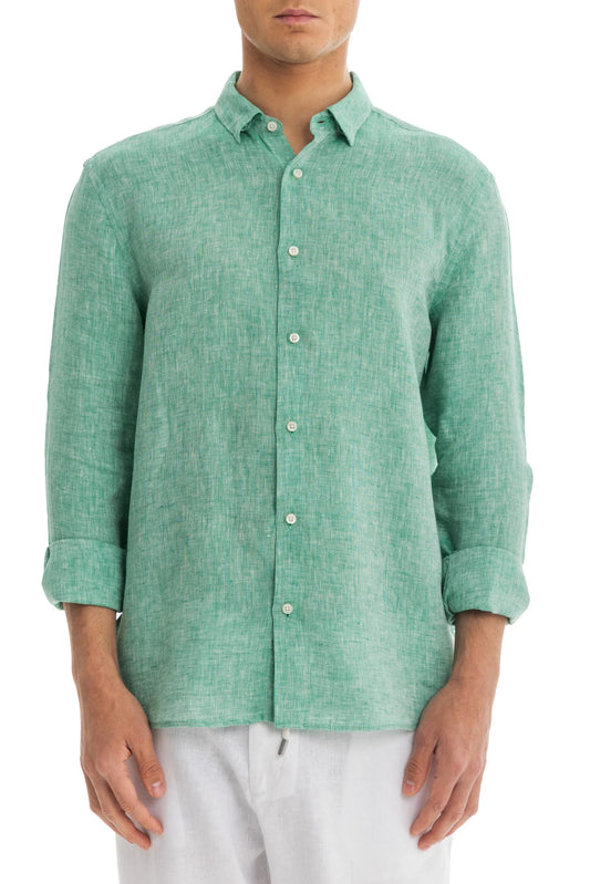 Men's Green Melange Linen Shirt - 100% Pure Washed Linen, Relaxed Fit, Breathable Summer Shirt for Casual or Formal Wear 1