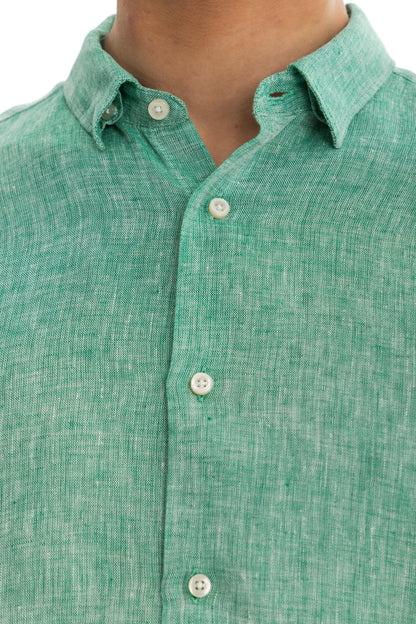 Men's Green Melange Linen Shirt - 100% Pure Washed Linen, Relaxed Fit, Breathable Summer Shirt for Casual or Formal Wear 4