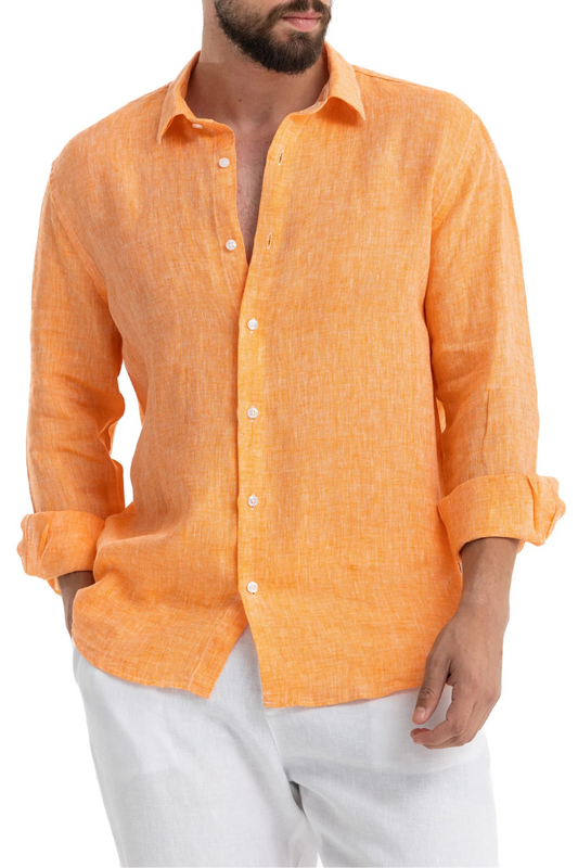 Men's Orange Linen Shirt - 100% Pure Washed Linen, Relaxed Fit, Breathable Summer Shirt for Casual or Formal Wear 1