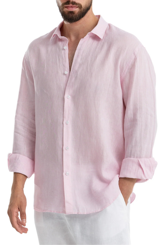 Men's Pink Linen Shirt - 100% Pure Washed Linen, Relaxed Fit, Breathable Summer Shirt for Casual or Formal Wear 1