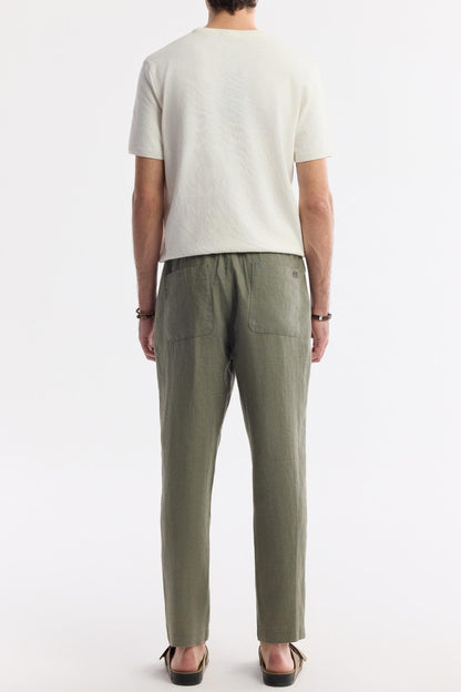 Rear pocket details of Olive Green Linen Pants
