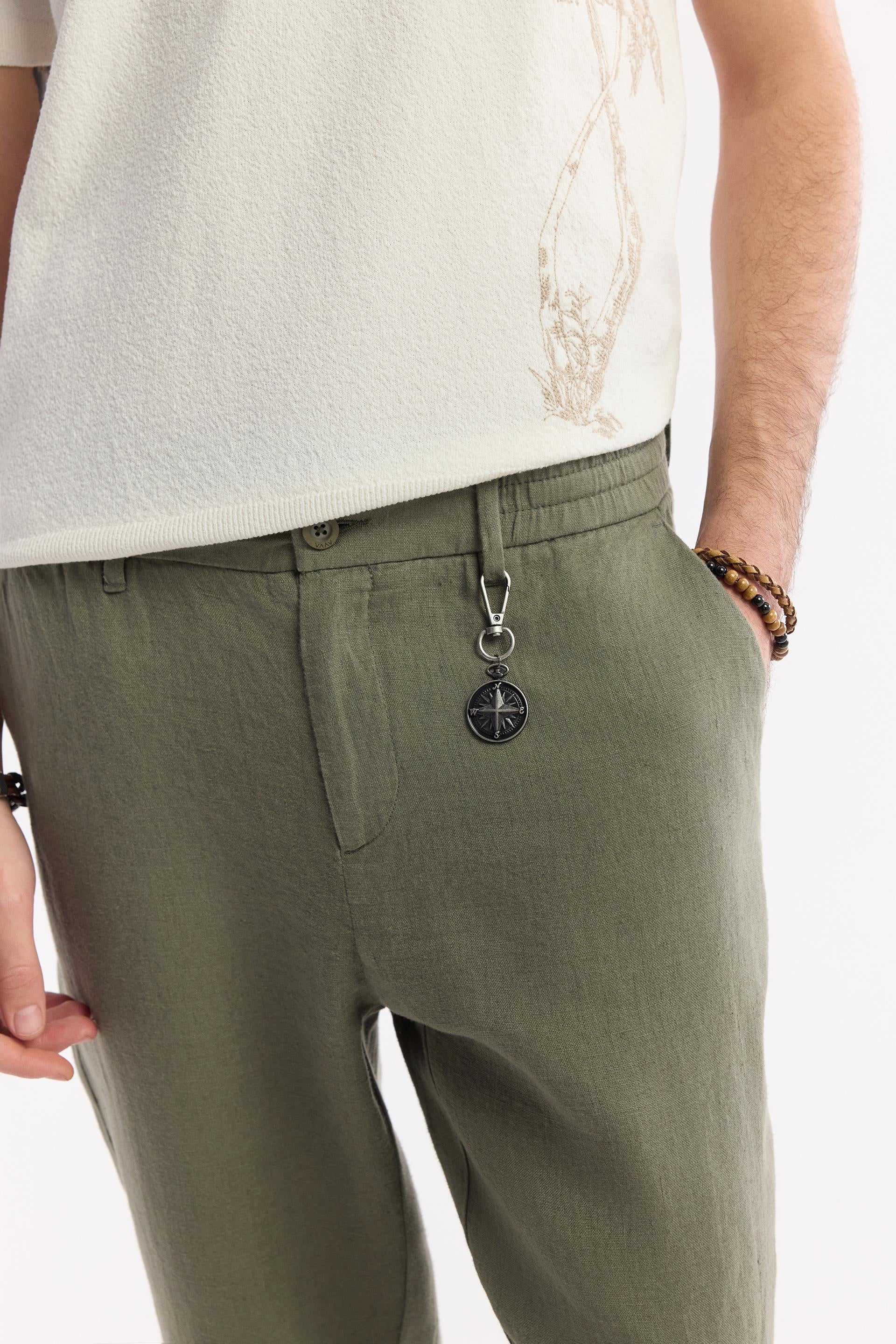 Close-up showing button, waistband, and fabric texture