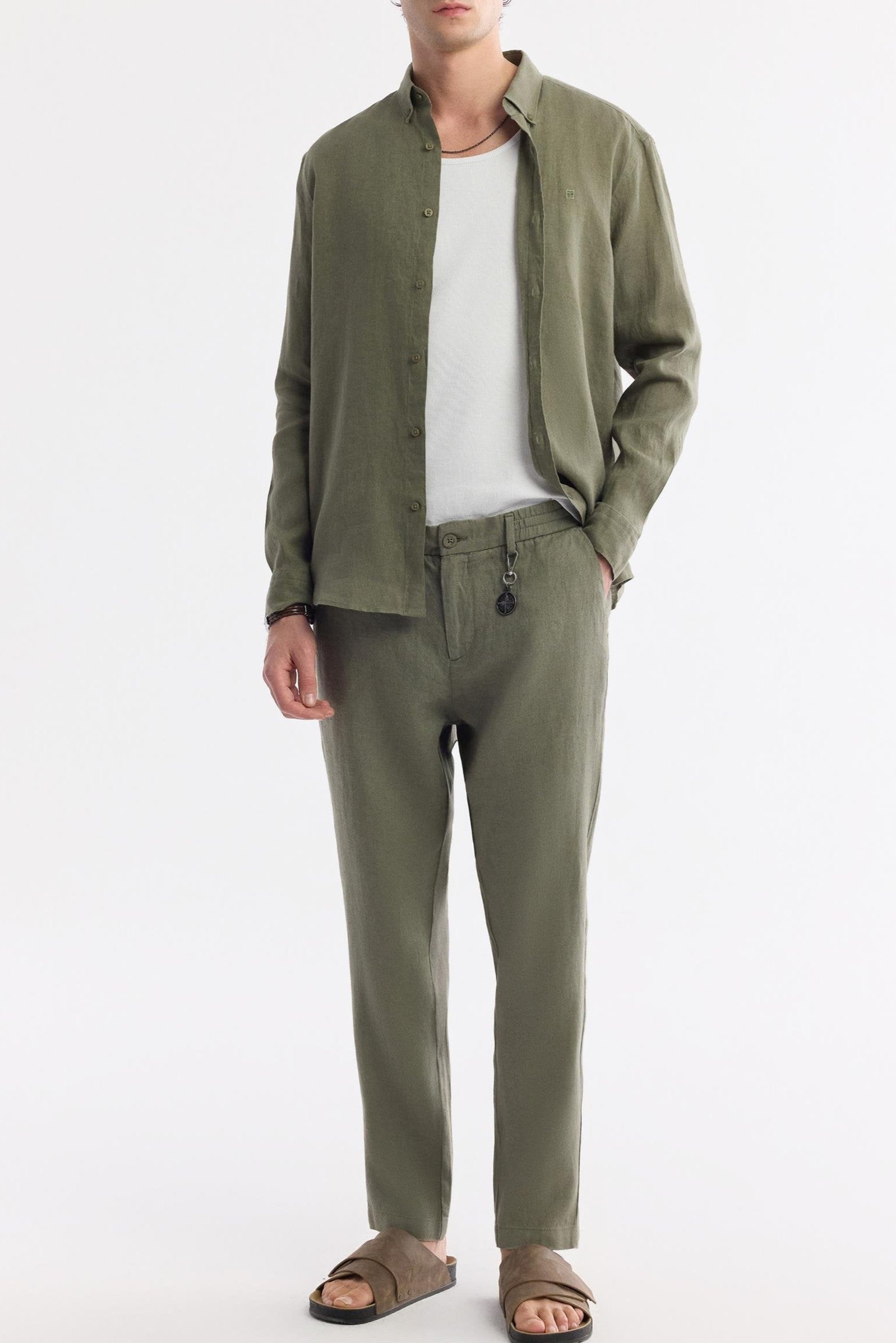 Model wearing complete Olive Green Linen Set (shirt + pants)