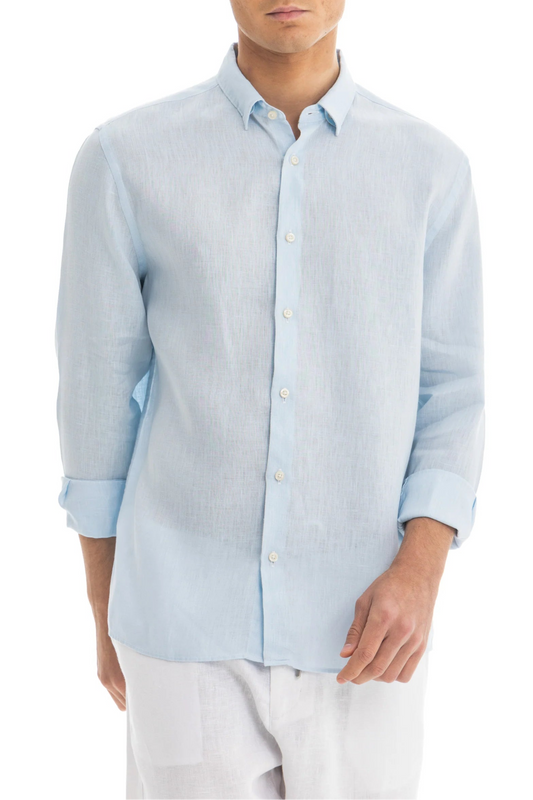 Men's Sky Blue Linen Shirt - 100% Pure Washed Linen, Relaxed Fit, Breathable Summer Dress Shirt 1