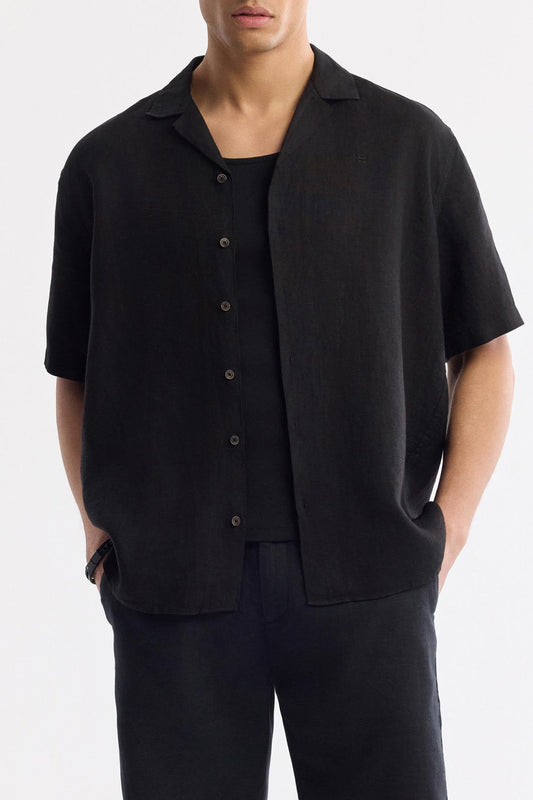 Front view of Swiftyle Men's Black Linen Shirt with camp collar