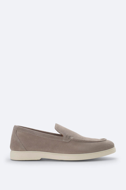 Side profile of Swiftyle gray suede loafers