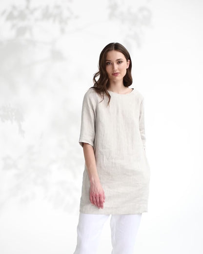 Natural Stone Trapeze Linen Tunic Dress for Women – 3/4 Sleeve, Pockets