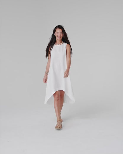 White Linen High-Low Dress – Sleeveless with Coconut Button