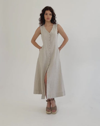 Natural Stone Linen Midi Dress – Sleeveless A-Line with Tie Waist
