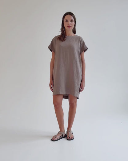 Taupe Linen Mini Dress – Relaxed Fit with Open Back