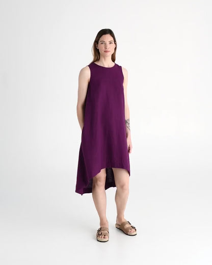 Purple Linen High-Low Dress – Sleeveless with Coconut Button