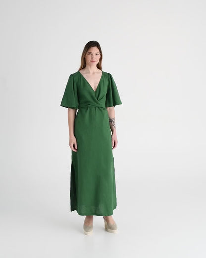 Maxi Linen Dress – V-Neck Draped Front with Tie Waist & Ruffled Sleeves