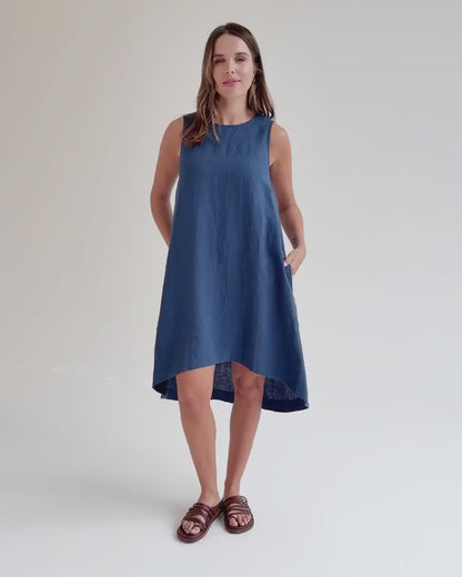 Deep Navy Linen High-Low Dress – Sleeveless with Coconut Button