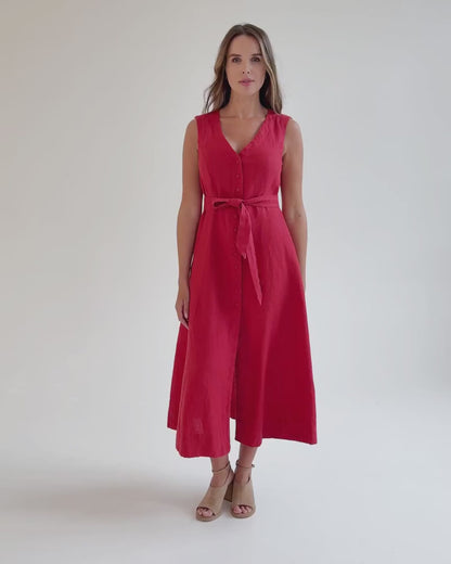 Red Linen Midi Dress – Sleeveless A-Line with Tie Waist