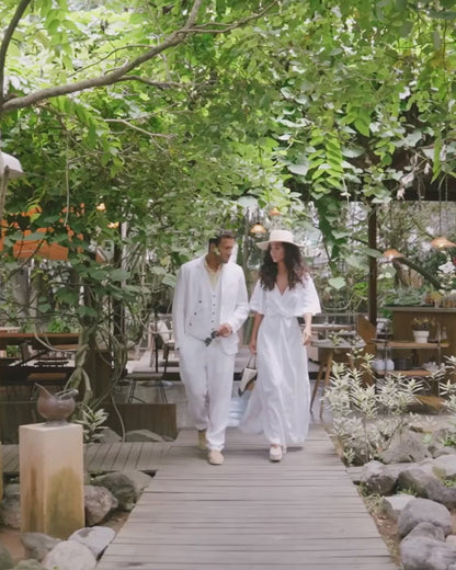 Maxi Linen Dress – V-Neck Draped Front with Tie Waist & Ruffled Sleeves