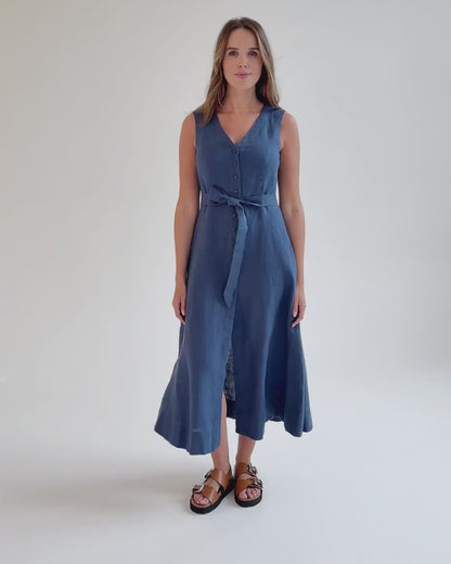 Deep Navy Linen Midi Dress – Sleeveless A-Line with Tie Waist