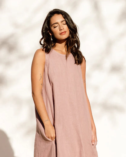 Pink Linen High-Low Dress – Sleeveless with Coconut Button