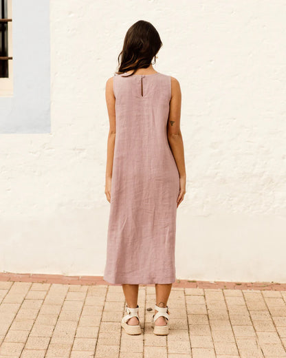 Pink Linen High-Low Dress – Sleeveless with Coconut Button