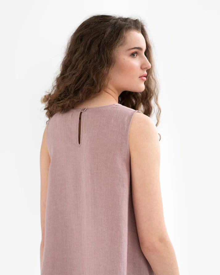 Pink Linen High-Low Dress – Sleeveless with Coconut Button