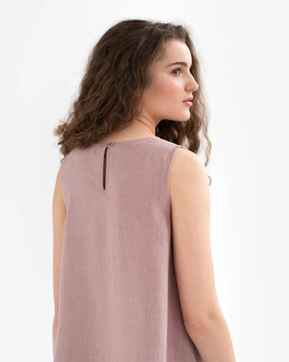 Pink Linen High-Low Dress – Sleeveless with Coconut Button