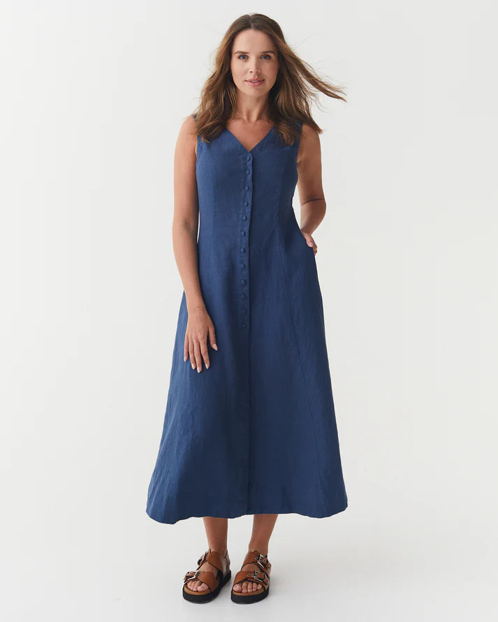 Deep Navy Linen Midi Dress – Sleeveless A-Line with Tie Waist