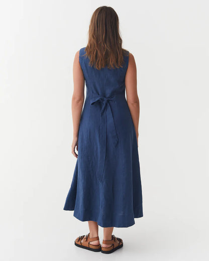 Deep Navy Linen Midi Dress – Sleeveless A-Line with Tie Waist