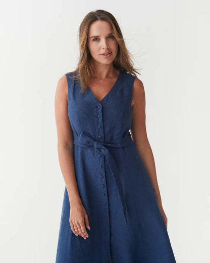 Deep Navy Linen Midi Dress – Sleeveless A-Line with Tie Waist