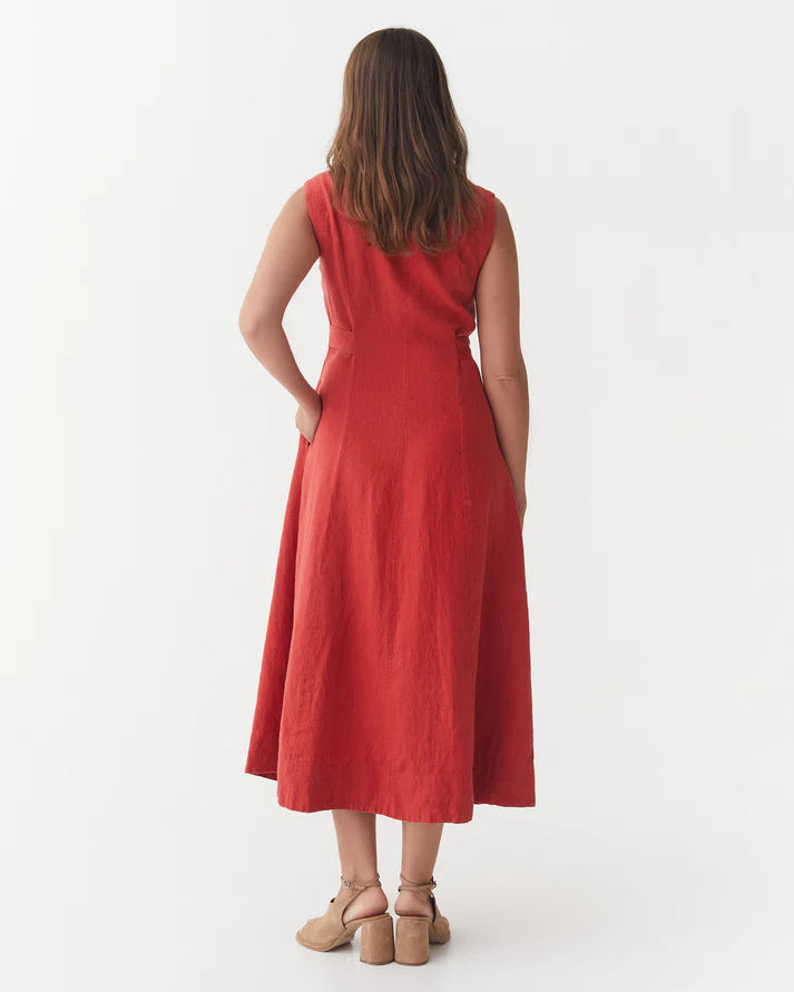 Red Linen Midi Dress – Sleeveless A-Line with Tie Waist