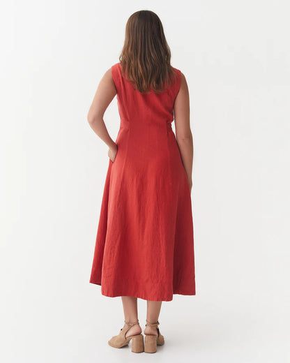Red Linen Midi Dress – Sleeveless A-Line with Tie Waist