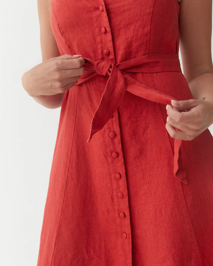 Red Linen Midi Dress – Sleeveless A-Line with Tie Waist