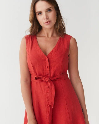 Red Linen Midi Dress – Sleeveless A-Line with Tie Waist
